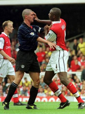 Roy Keane (left) of Man Utd and Arsenal's Patrick Vieira come to blows. ARSENAL Vs MANCHESTER UNITED (1-2) FA Carling Premiership, Highbury, London. On 18 November 2005, Manchester United captain Roy Keane sensationally left Manchester United by mutual consent. A statement released by the Old Trafford outfit confirmed that their long-serving captain has departed with immediate effect after it became clear that his future at the club was untenable.